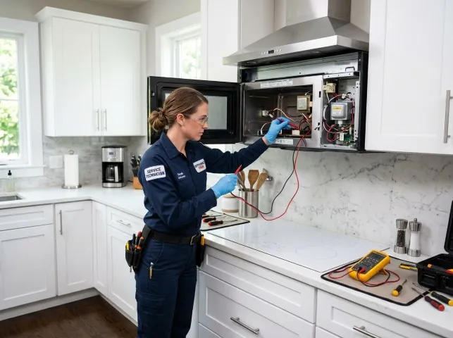 Appliance Repair Hero technician testing an over-the-range microwave in a Bethel, MN kitchen